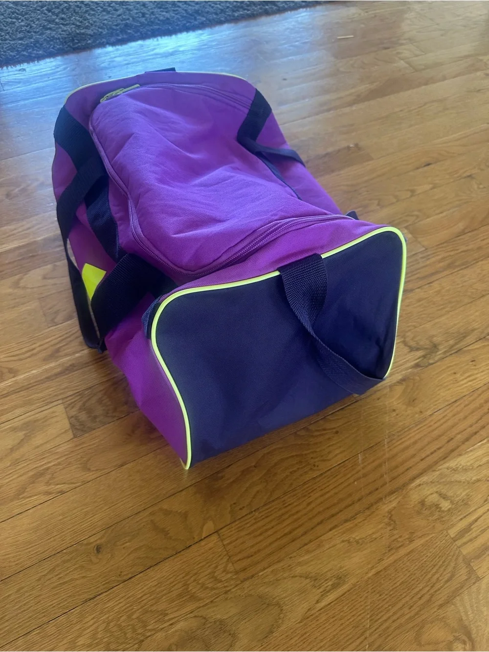 adidas Purple Duffel with Neon Yellow Logo and Trim